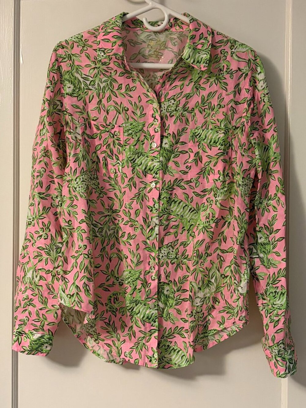Lilly Pulitzer sea view linen shirt rousseau pink sz medium preppy resort beachy